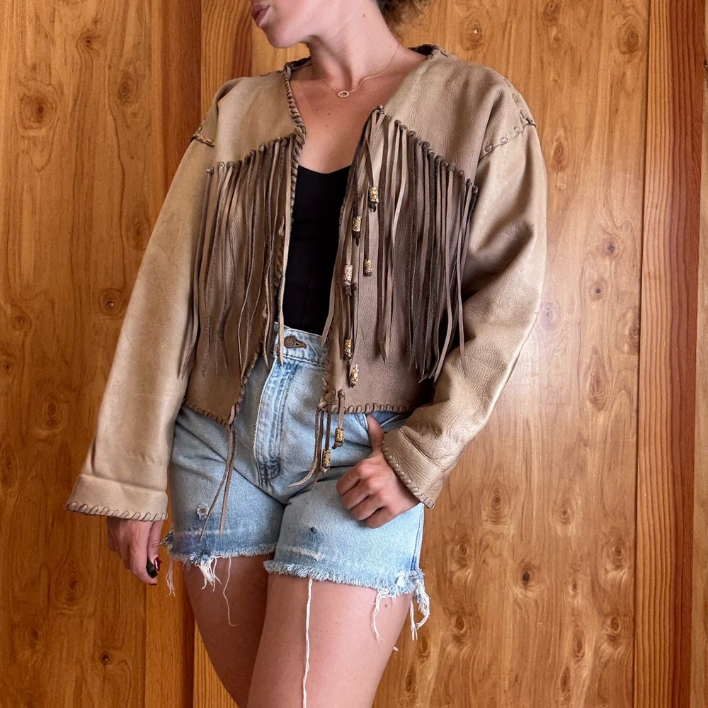 Vintage Tan Leather Jacket with Fringe
